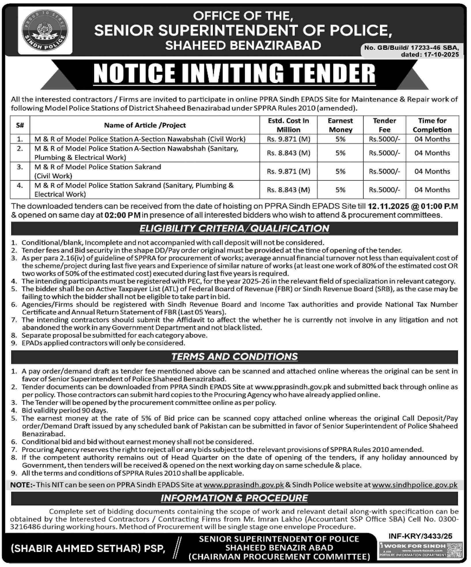 Police Department Shaheed Benazirabad Tender Notice